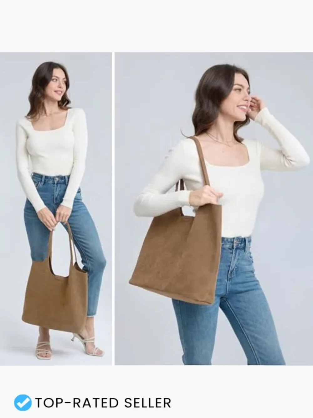 Faux Suede Tote Bag Slouchy Hobo Shoulder Handbag Casual Minimal Chic Everyday